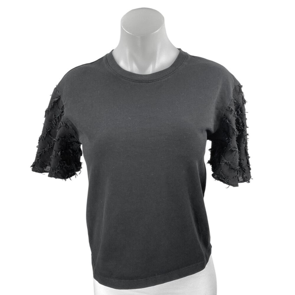 See By Chloe Women's Black Fringed Flutter Short Sleeve Blouse T shirt Top Sz S